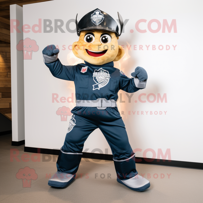 Navy fire fighter mascot costume character dressed with Jeans and Headbands