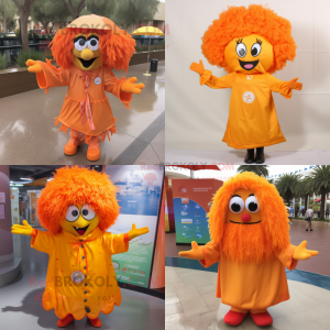 Orange Paella mascot costume character dressed with Raincoat and Hair clips