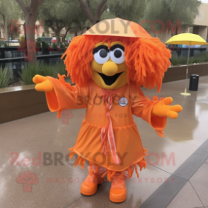 Orange Paella mascot costume character dressed with Raincoat and Hair clips