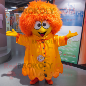 Orange Paella mascot costume character dressed with Raincoat and Hair clips
