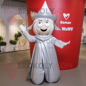 Silver arrow of love mascot costume character dressed with Maxi Dress and Caps