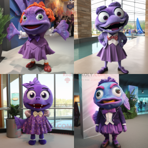 Purple Piranha mascot costume character dressed with Pencil Skirt and Bow ties