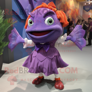 Purple Piranha mascot costume character dressed with Pencil Skirt and Bow ties