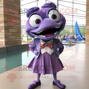 Purple Piranha mascot costume character dressed with Pencil Skirt and Bow ties