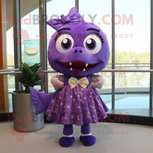 Purple Piranha mascot costume character dressed with Pencil Skirt and Bow ties