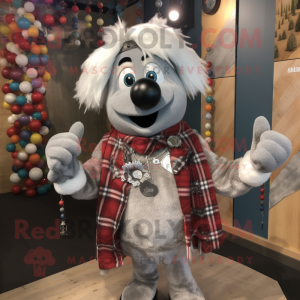 Silver Juggle mascot costume character dressed with Flannel Shirt and Necklaces