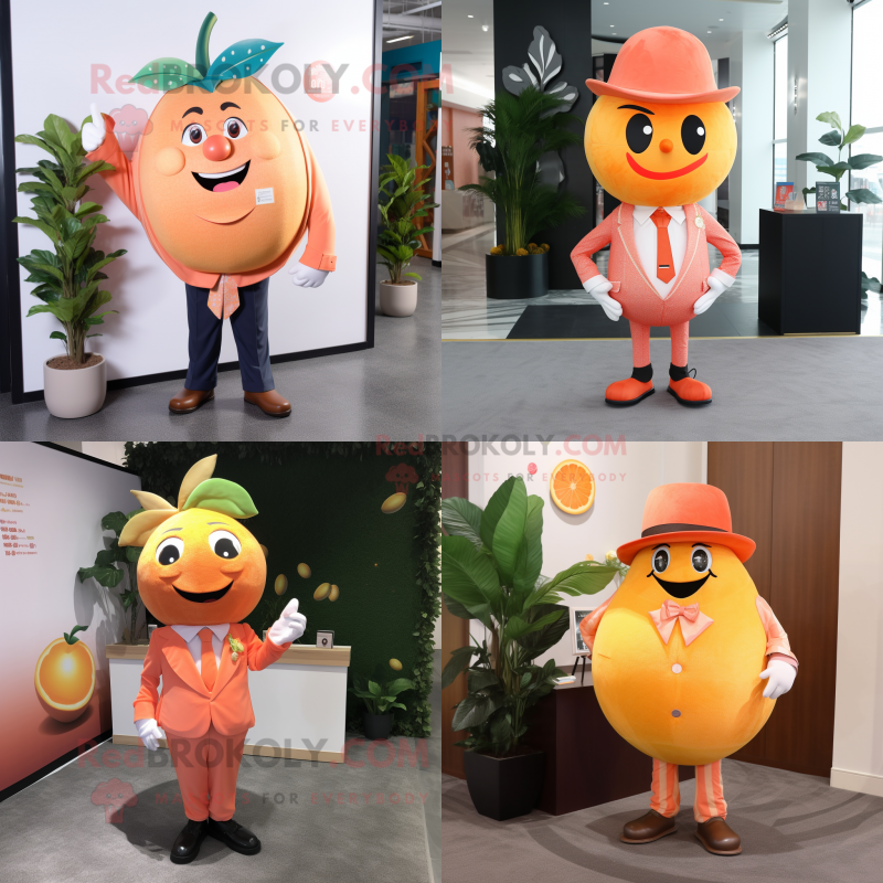 Peach Grapefruit mascot costume character dressed with Suit and Lapel pins Peach Grapefruit mascot costume character dressed with Suit and Lapel pins