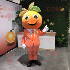 Peach Grapefruit mascot costume character dressed with Suit and Lapel pins