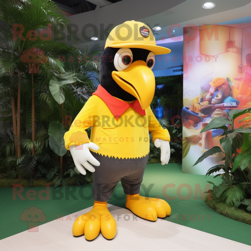 Yellow Toucan mascot costume character dressed with Joggers and Hats