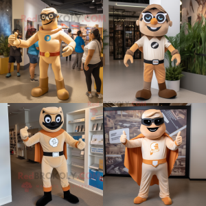 Tan Superhero mascot costume character dressed with Henley Shirt and Suspenders