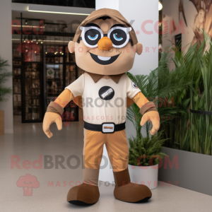 Tan Superhero mascot costume character dressed with Henley Shirt and Suspenders