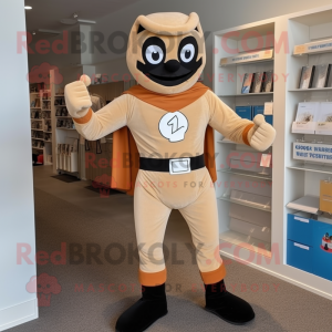 Tan Superhero mascot costume character dressed with Henley Shirt and Suspenders