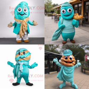 Turquoise Croissant mascot costume character dressed with Poplin Shirt and Scarf clips