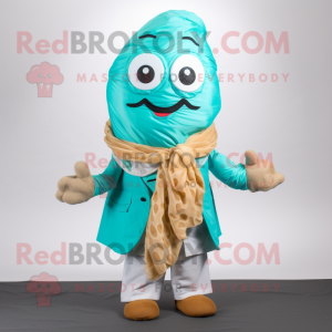 Turquoise Croissant mascot costume character dressed with Poplin Shirt and Scarf clips