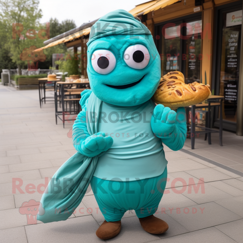 Turquoise Croissant mascot costume character dressed with Poplin Shirt and Scarf clips