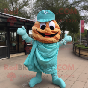 Turquoise Croissant mascot costume character dressed with Poplin Shirt and Scarf clips