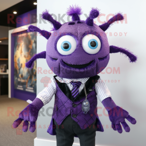 Purple Spider mascot costume character dressed with Vest and Tie pins
