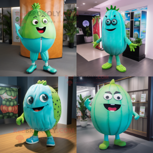 Cyan Melon mascot costume character dressed with Rash Guard and Anklets
