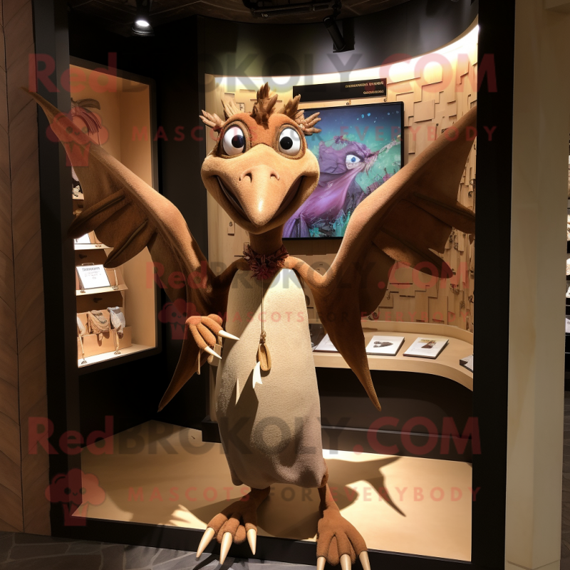 Brown Pterodactyl mascot costume character dressed with Shift Dress and Necklaces Brown Pterodactyl mascot costume character dressed with Shift Dress and Necklaces