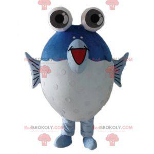 Mascotte de gros poisson bleu et blanc avec de grands yeux -