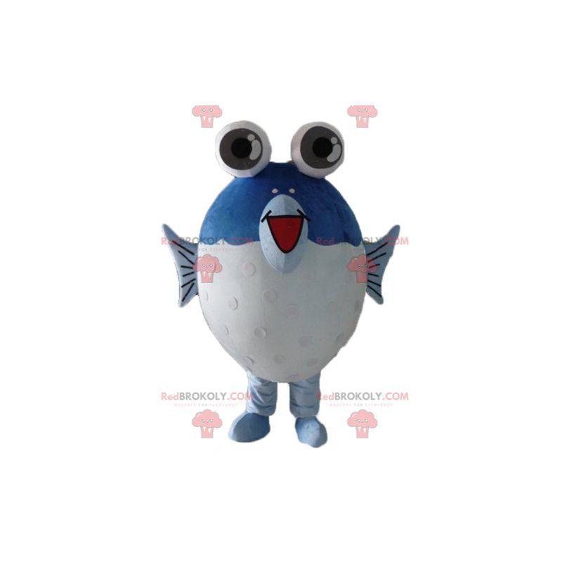 Mascotte de gros poisson bleu et blanc avec de grands yeux -