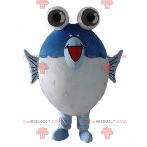 Grande mascote de peixe azul e branco com olhos grandes -