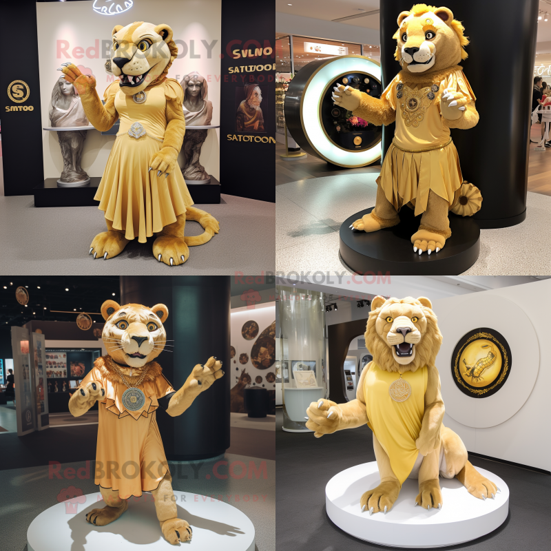 Gold Smilodon mascot costume character dressed with Circle Skirt and Brooches