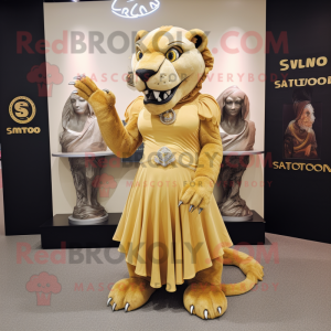 Gold Smilodon mascot costume character dressed with Circle Skirt and Brooches