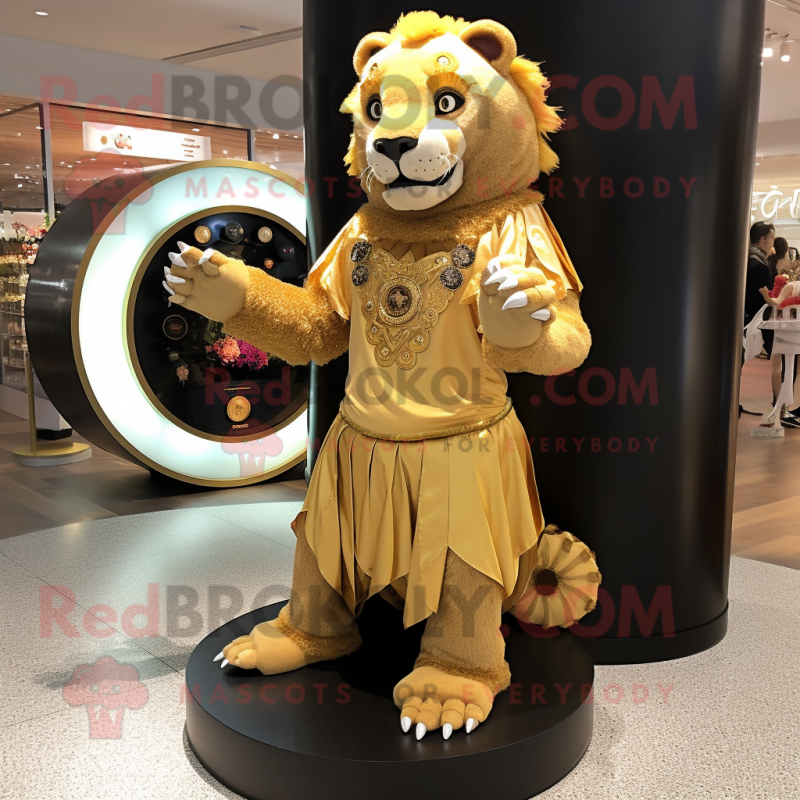 Gold Smilodon mascot costume character dressed with Circle Skirt and Brooches