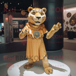 Gold Smilodon mascot costume character dressed with Circle Skirt and Brooches