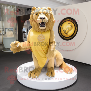 Gold Smilodon mascot costume character dressed with Circle Skirt and Brooches