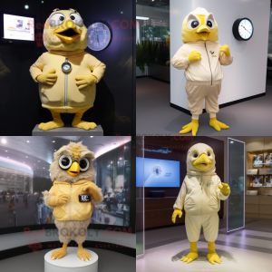 Beige Canary mascot costume character dressed with Sweatshirt and Digital watches