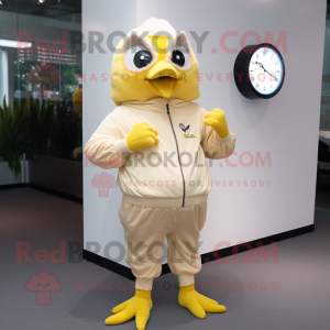Beige Canary mascot costume character dressed with Sweatshirt and Digital watches