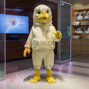 Beige Canary mascot costume character dressed with Sweatshirt and Digital watches