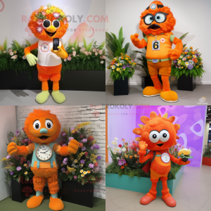 Orange Bouquet of flowers mascot costume character dressed with Bermuda Shorts and Digital watches