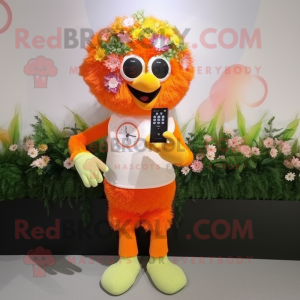 Orange Bouquet of flowers mascot costume character dressed with Bermuda Shorts and Digital watches