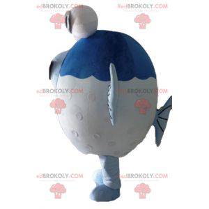 Duża niebiesko-biała ryba maskotka z dużymi oczami -