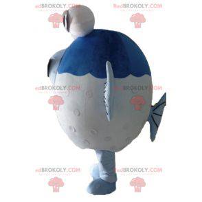Mascotte de gros poisson bleu et blanc avec de grands yeux -