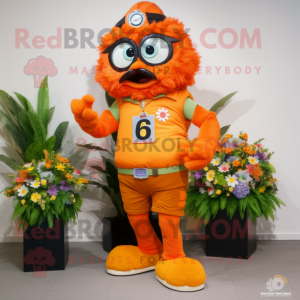 Orange Bouquet of flowers mascot costume character dressed with Bermuda Shorts and Digital watches