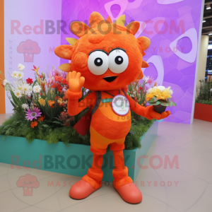 Orange Bouquet of flowers mascot costume character dressed with Bermuda Shorts and Digital watches