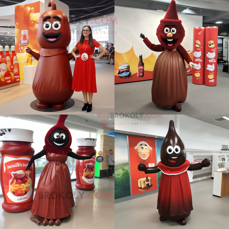 Brown Bottle of ketchup mascot costume character dressed with Maxi Skirt and Watches