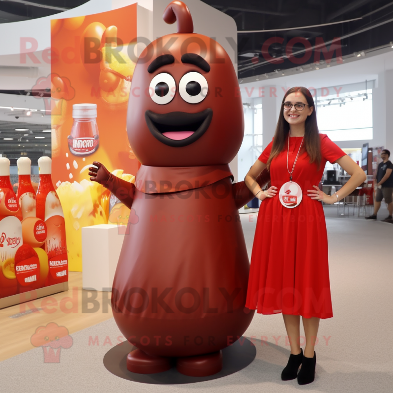 Brown Bottle of ketchup mascot costume character dressed with Maxi Skirt and Watches Brown Bottle of ketchup mascot costume character dressed with Maxi Skirt and Watches