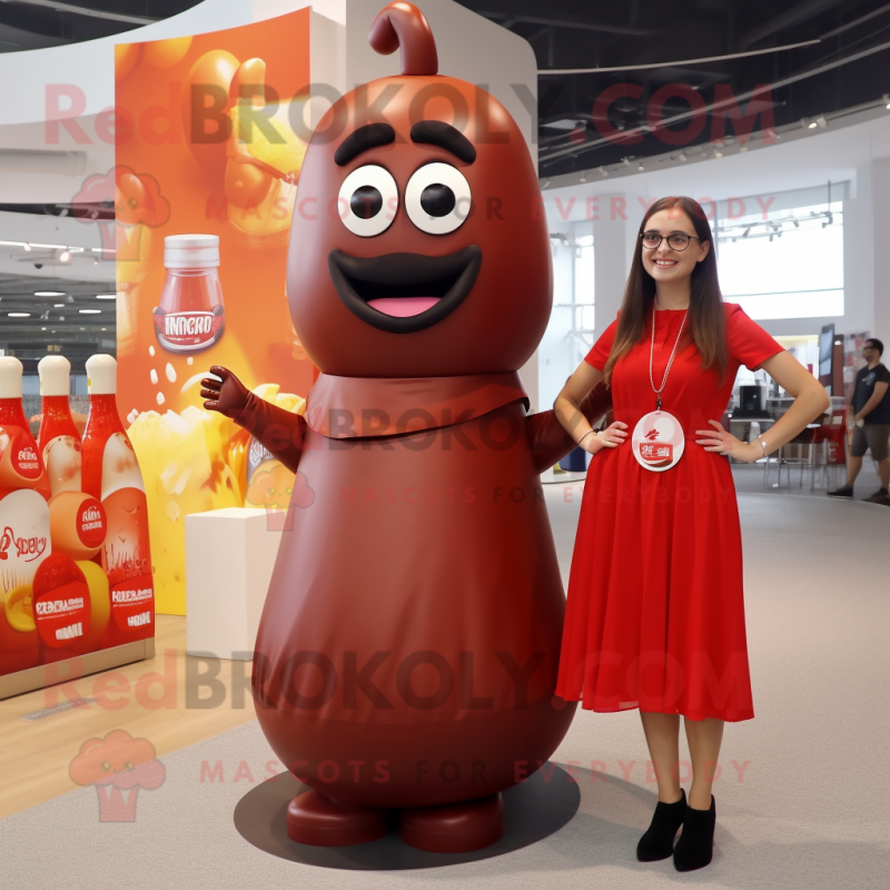 Brown Bottle of ketchup mascot costume character dressed with Maxi Skirt and Watches