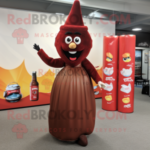 Brown Bottle of ketchup mascot costume character dressed with Maxi Skirt and Watches