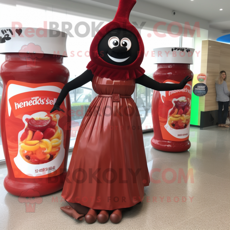 Brown Bottle of ketchup mascot costume character dressed with Maxi Skirt and Watches