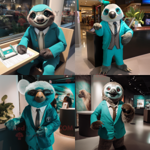 Teal Sloth mascot costume character dressed with Suit Jacket and Gloves