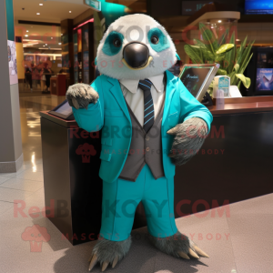 Teal Sloth mascot costume character dressed with Suit Jacket and Gloves