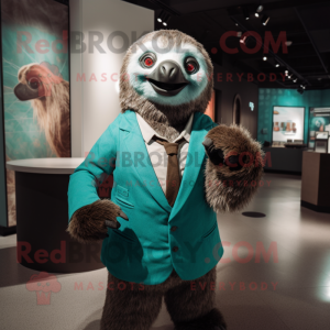 Teal Sloth mascot costume character dressed with Suit Jacket and Gloves