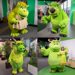 Lime Green woolly rhinoceros mascot costume character dressed with Maxi Skirt and Mittens