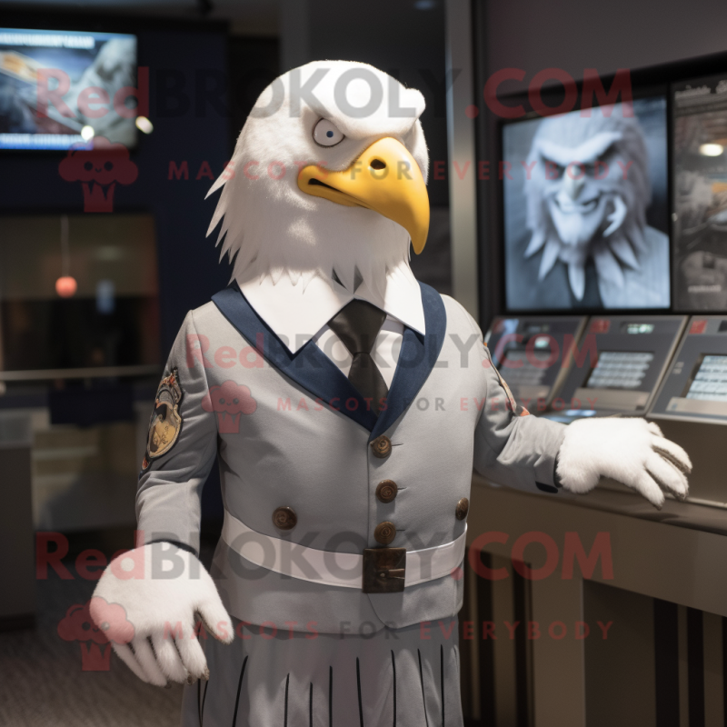 Silver Bald Eagle mascot costume character dressed with Dress and Cufflinks Silver Bald Eagle mascot costume character dressed with Dress and Cufflinks